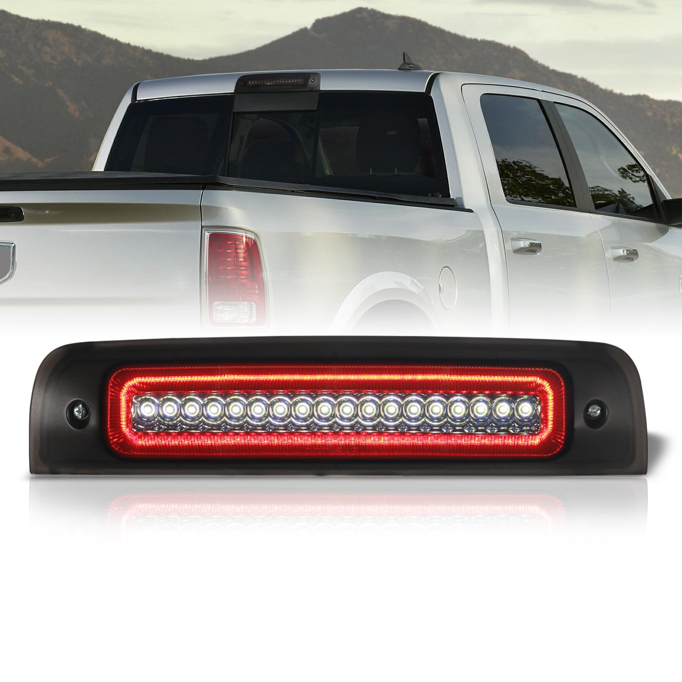 Dodge Ram 1500 2009-2018 / 1500 Classic 2019-2023 / 2500 3500 4500 5500 2010-2018 Strobe LED 3rd Brake Light Chrome Housing Smoke Len (Version 3)