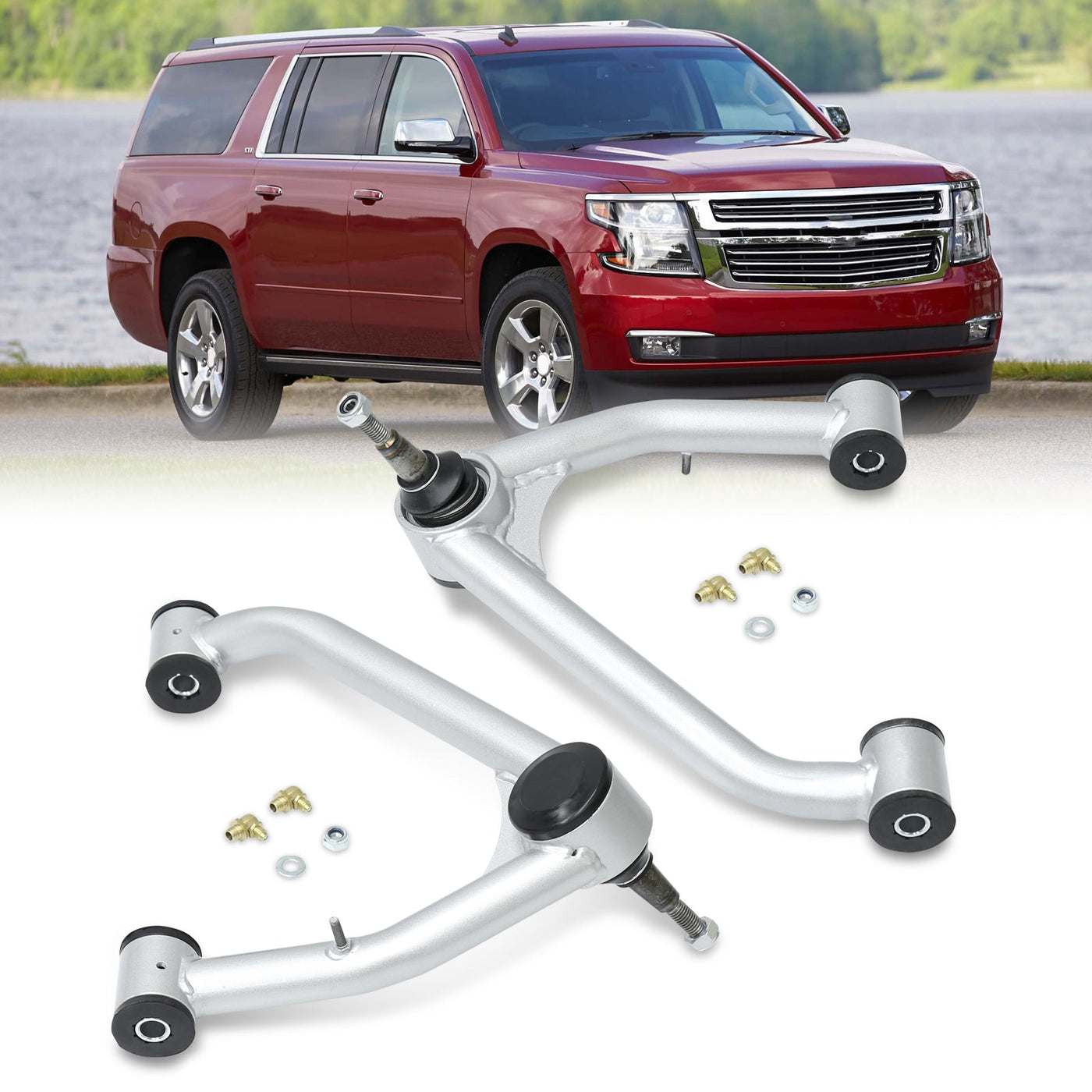 Chevrolet Silverado 1500 2014-2018 / GMC Sierra 1500 2014-2018 2-4" Lift Front Upper Tubular Control Arms Silver (Models with Stamped Steel & Aluminum Arms Only)