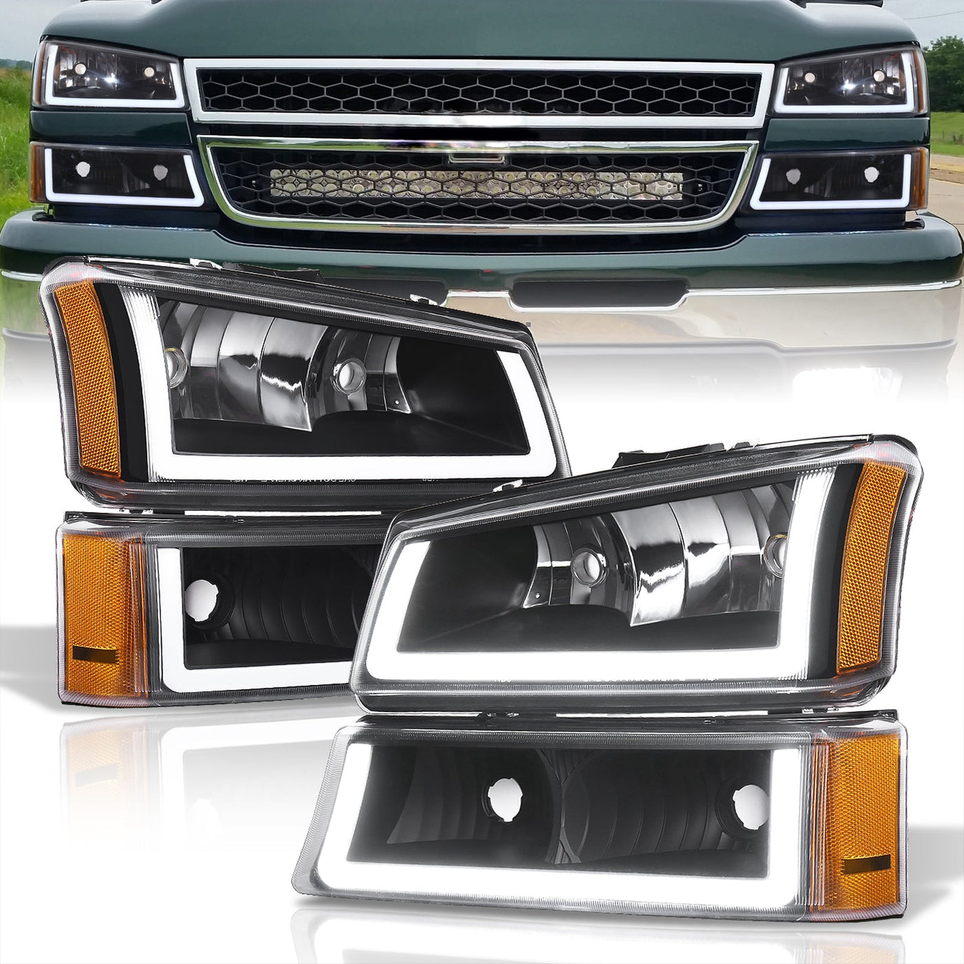 Chevrolet Silverado 2003-2006 LED DRL Bar Factory Style Headlights + Bumpers Black Housing Clear Len Amber Reflector