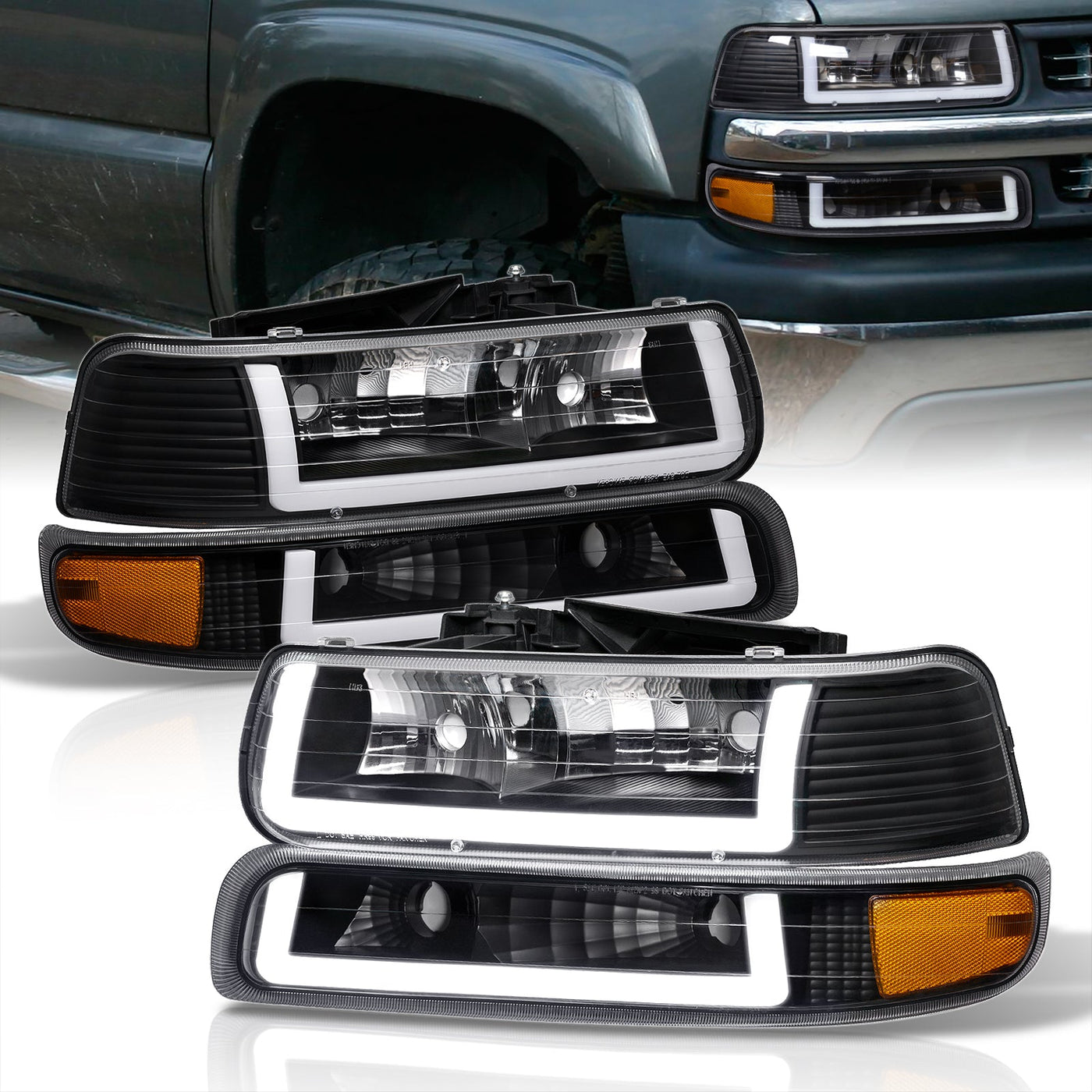 Chevrolet Silverado 1999-2002 / Suburban Tahoe 2000-2006 LED DRL Bar Factory Style Headlights + Bumpers Black Housing Clear Len Amber Reflector