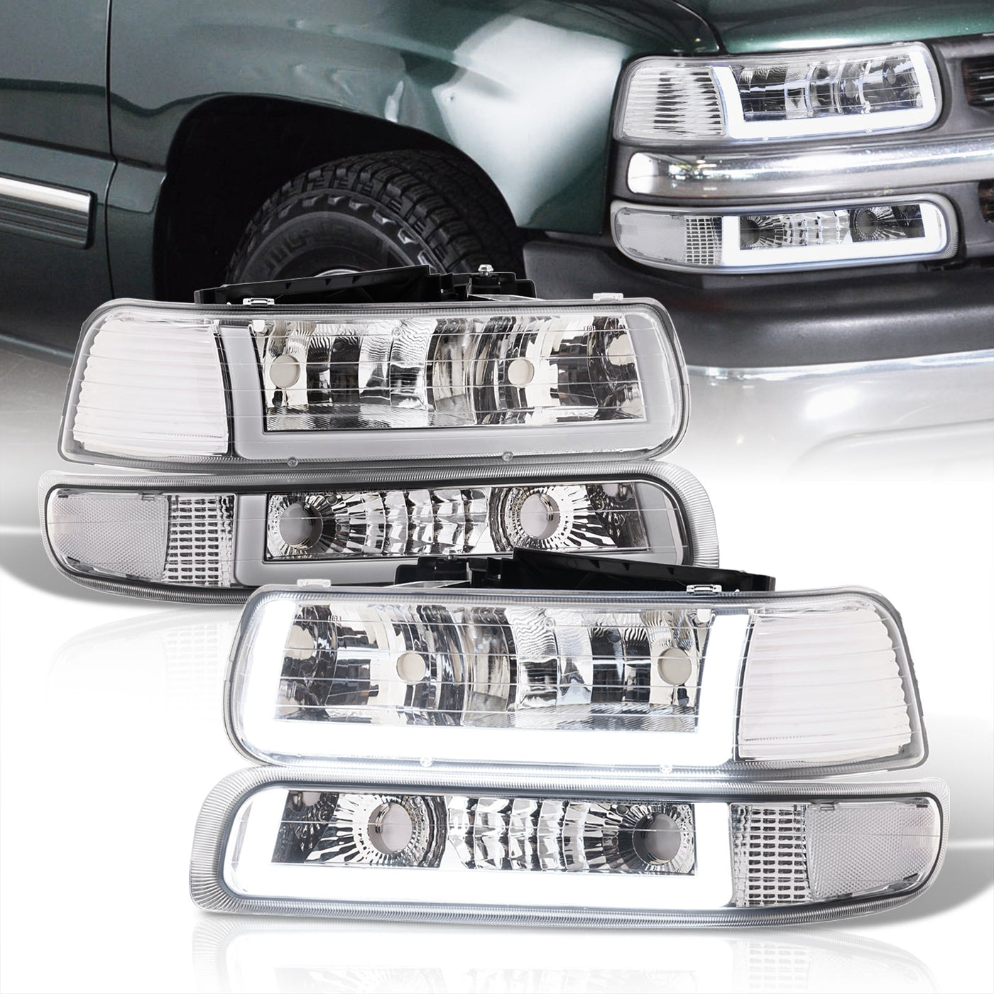 Chevrolet Silverado 1999-2002 / Suburban Tahoe 2000-2006 LED DRL Bar Factory Style Headlights + Bumpers Chrome Housing Clear Len Clear Reflector