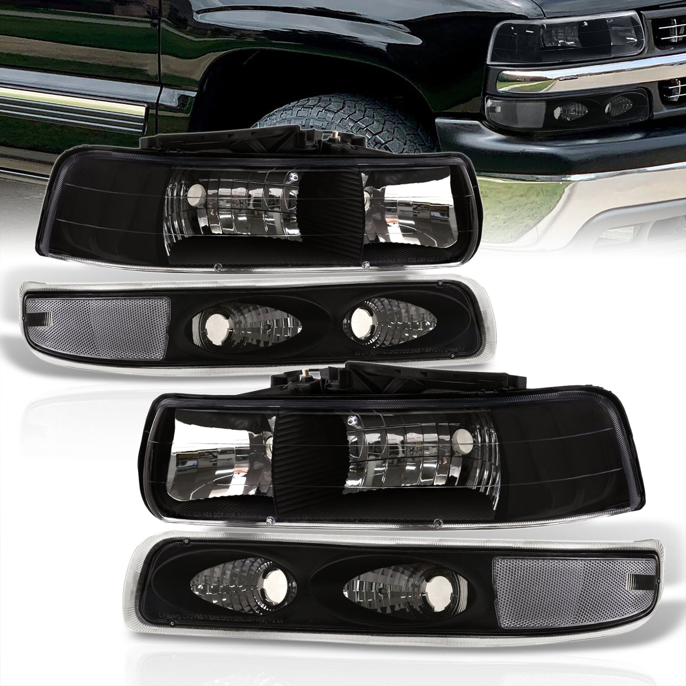 Chevrolet Silverado 1999-2002 / Suburban Tahoe 2000-2006 Factory Style Headlights + Bumpers Black Housing Clear Len Clear Reflector