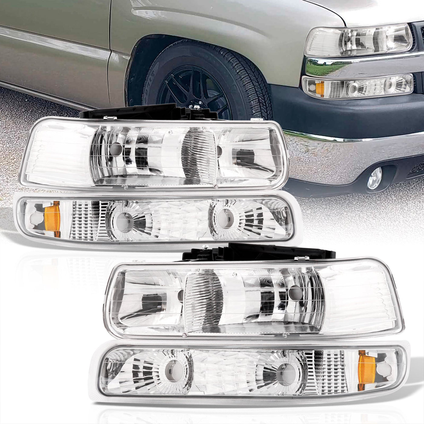 Chevrolet Silverado 1999-2002 / Suburban Tahoe 2000-2006 Factory Style Headlights + Bumpers Chrome Housing Clear Len Amber Reflector