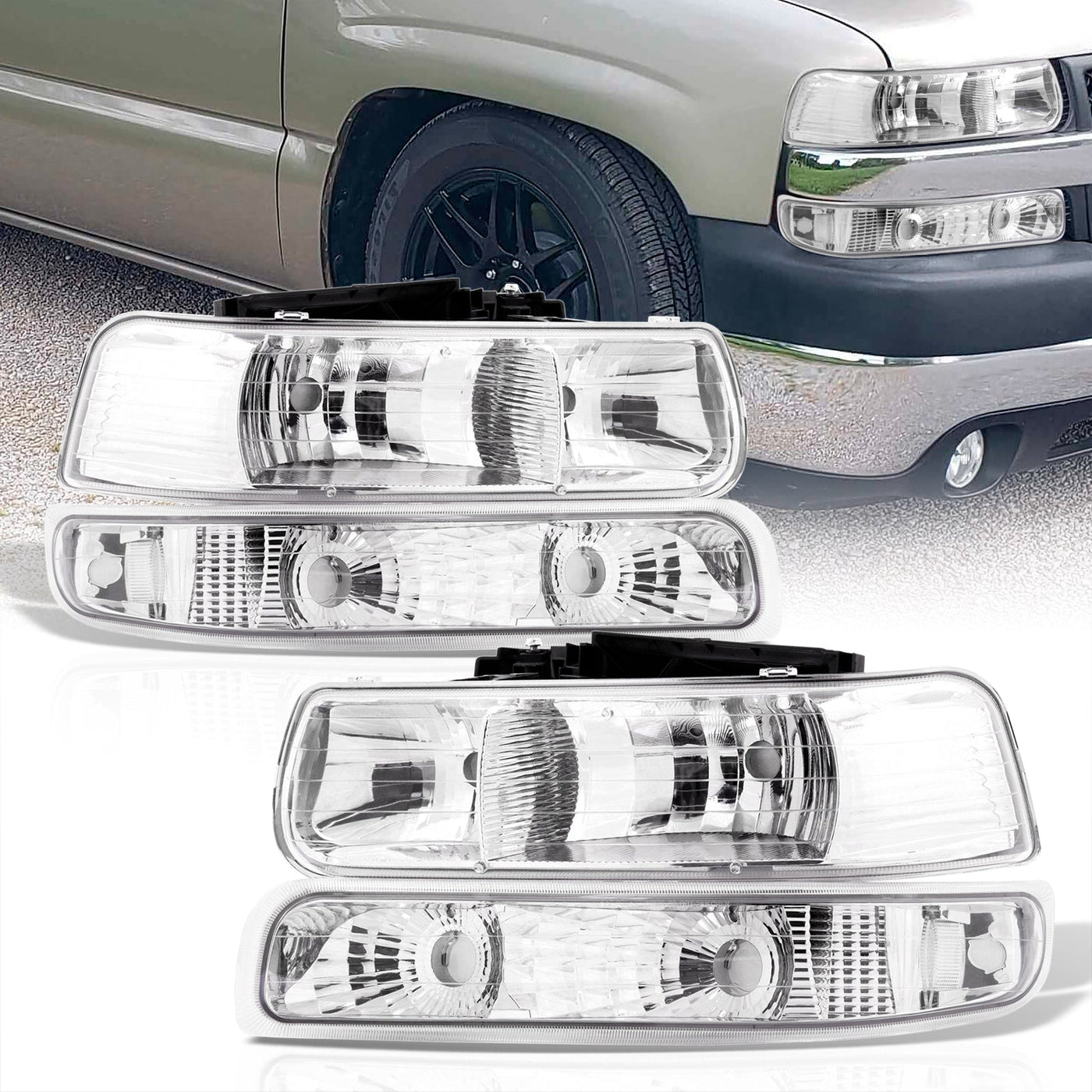 Chevrolet Silverado 1999-2002 / Suburban Tahoe 2000-2006 Factory Style Headlights + Bumpers Chrome Housing Clear Len Clear Reflector