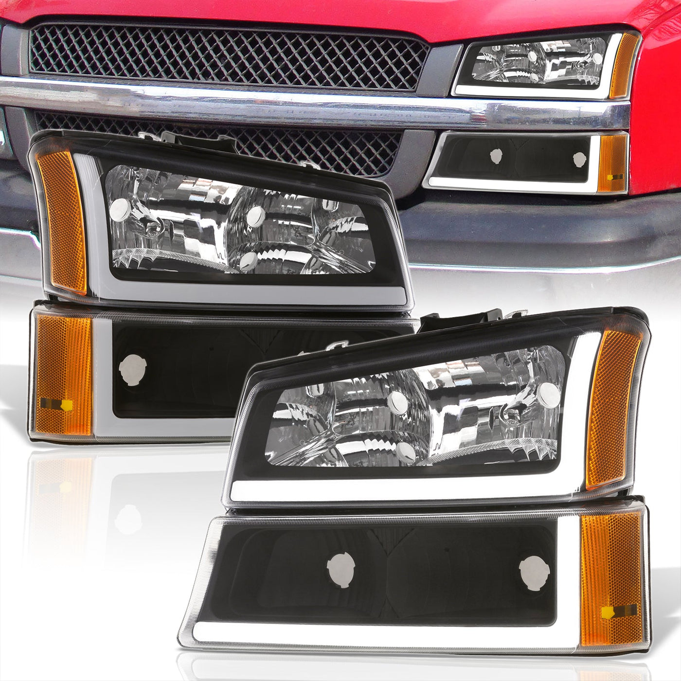 Chevrolet Silverado 2003-2006 LED DRL Bar Factory Style Headlights + Bumpers Black Housing Clear Len Amber Reflector