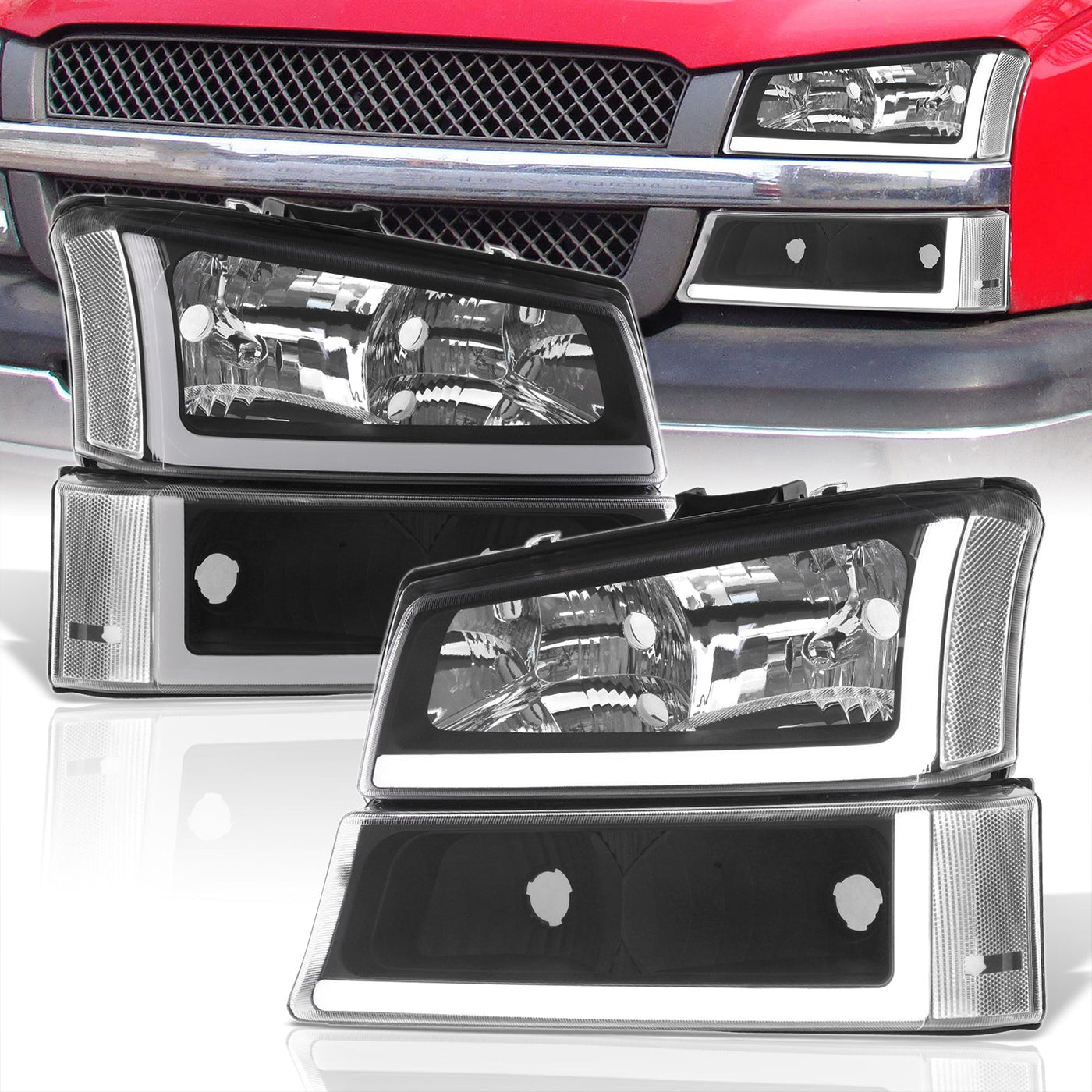 Chevrolet Silverado 2003-2006 LED DRL Bar Factory Style Headlights + Bumpers Black Housing Clear Len Clear Reflector