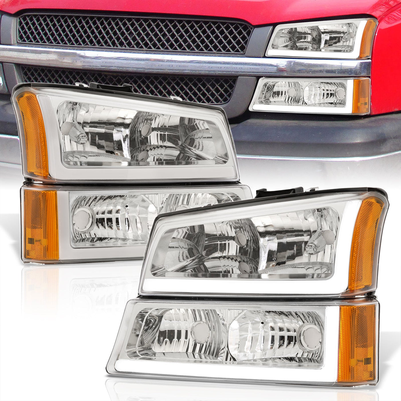 Chevrolet Silverado 2003-2006 LED DRL Bar Factory Style Headlights + Bumpers Chrome Housing Clear Len Amber Reflector