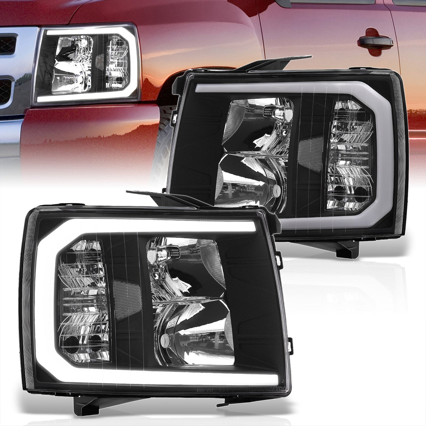 Chevrolet Silverado 2007-2013 LED DRL Bar Factory Style Headlights Black Housing Clear Len Clear Reflector