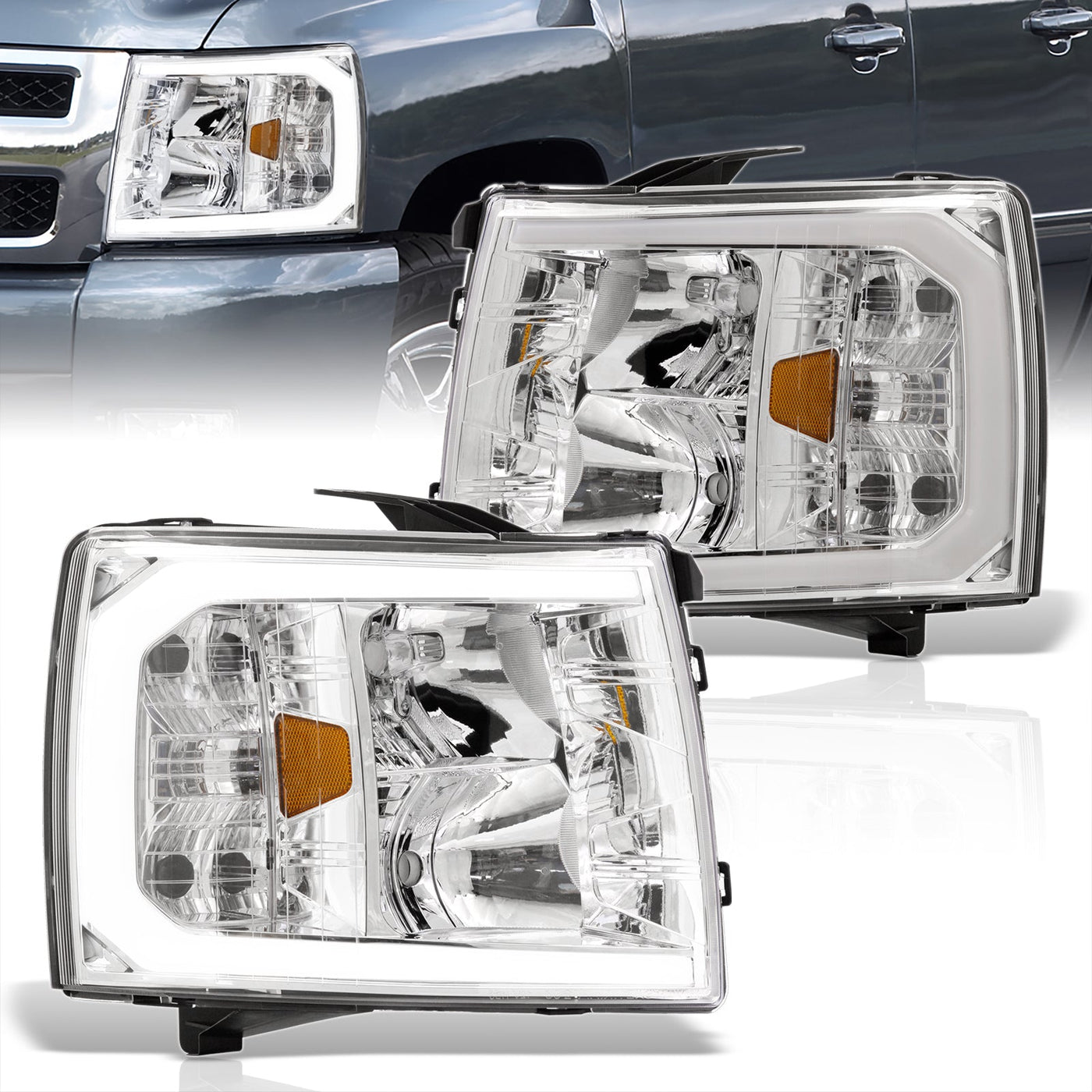 Chevrolet Silverado 2007-2013 LED DRL Bar Factory Style Headlights Chrome Housing Clear Len Amber Reflector