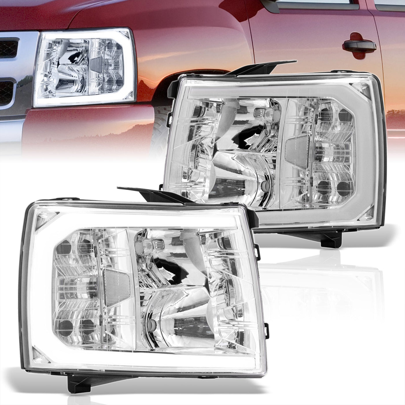 Chevrolet Silverado 2007-2013 LED DRL Bar Factory Style Headlights Chrome Housing Clear Len Clear Reflector