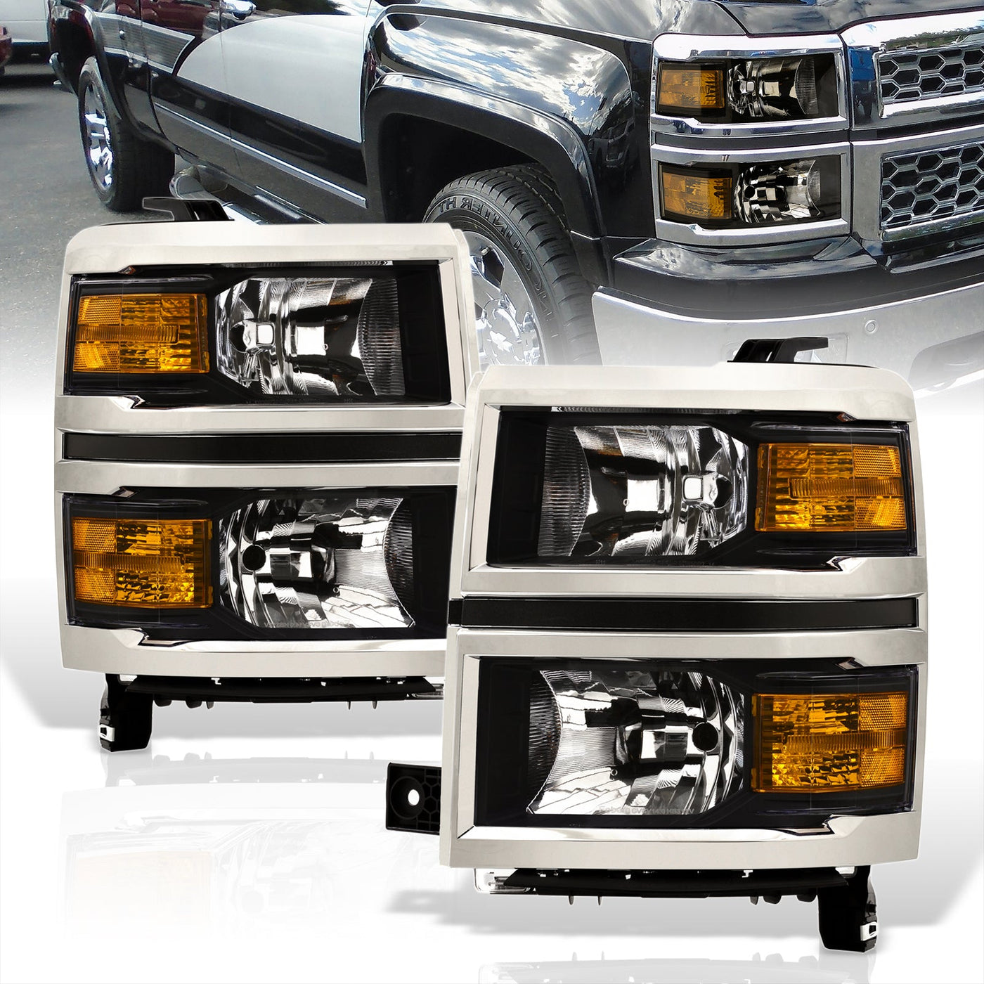 Chevrolet Silverado 1500 2014-2015 Factory Style Headlights Black Housing Clear Len Amber Reflector (Will Not Fit 2500 & HD Models)