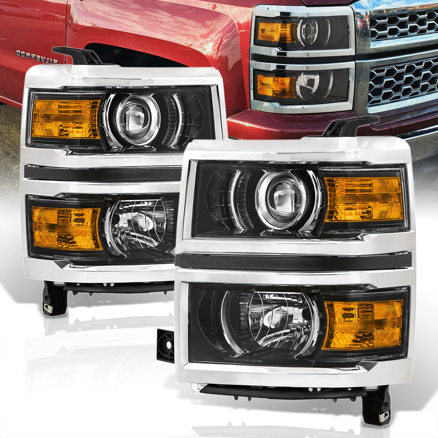 Chevrolet Silverado 1500 2014-2015 Factory Style Projector Headlights Black Housing Clear Len Amber Reflector