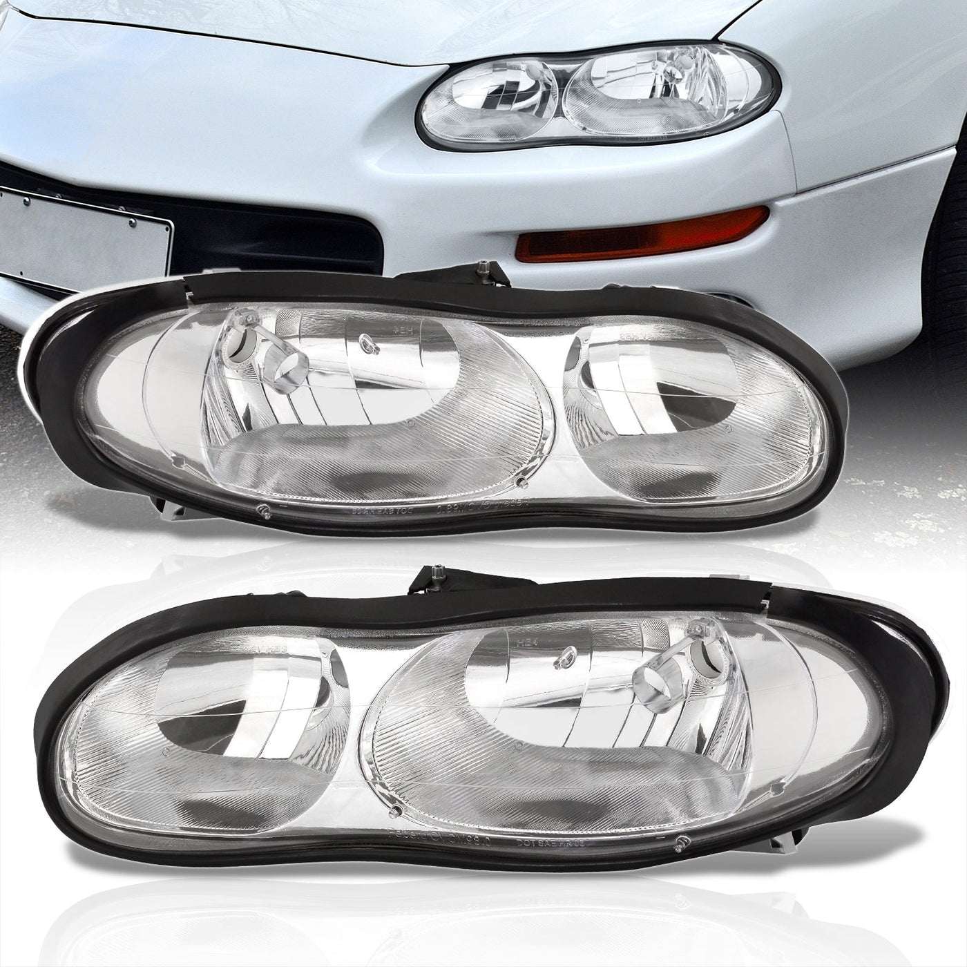 Chevrolet Camaro 1998-2002 Factory Style Headlights Chrome Housing Clear Len Chrome Reflector