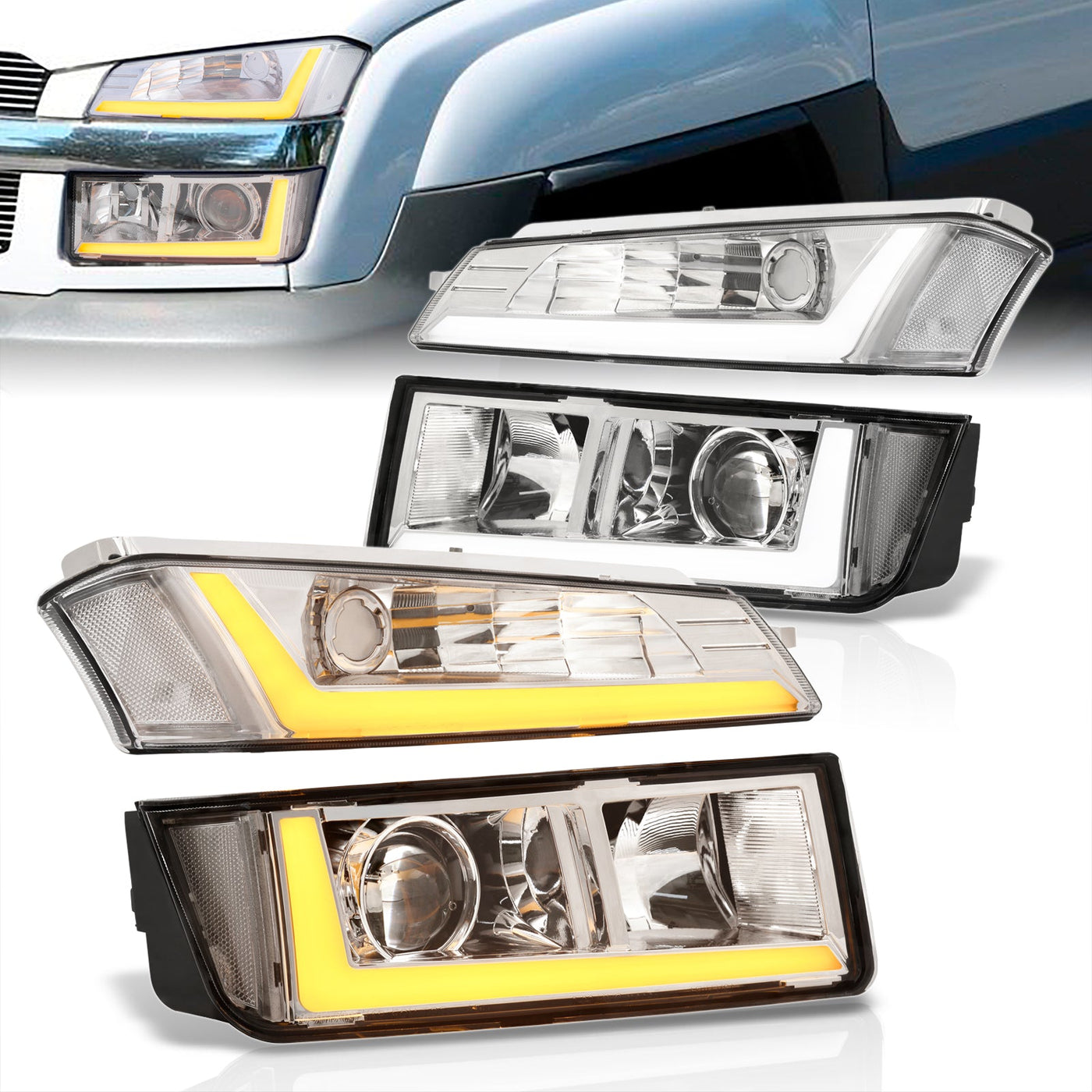 Chevrolet Avalanche (Plastic Body Cladding Models Only) 2002-2006 Sequential LED DRL Bar Projector Headlights + Bumpers Chrome Housing Clear Len Clear Reflector