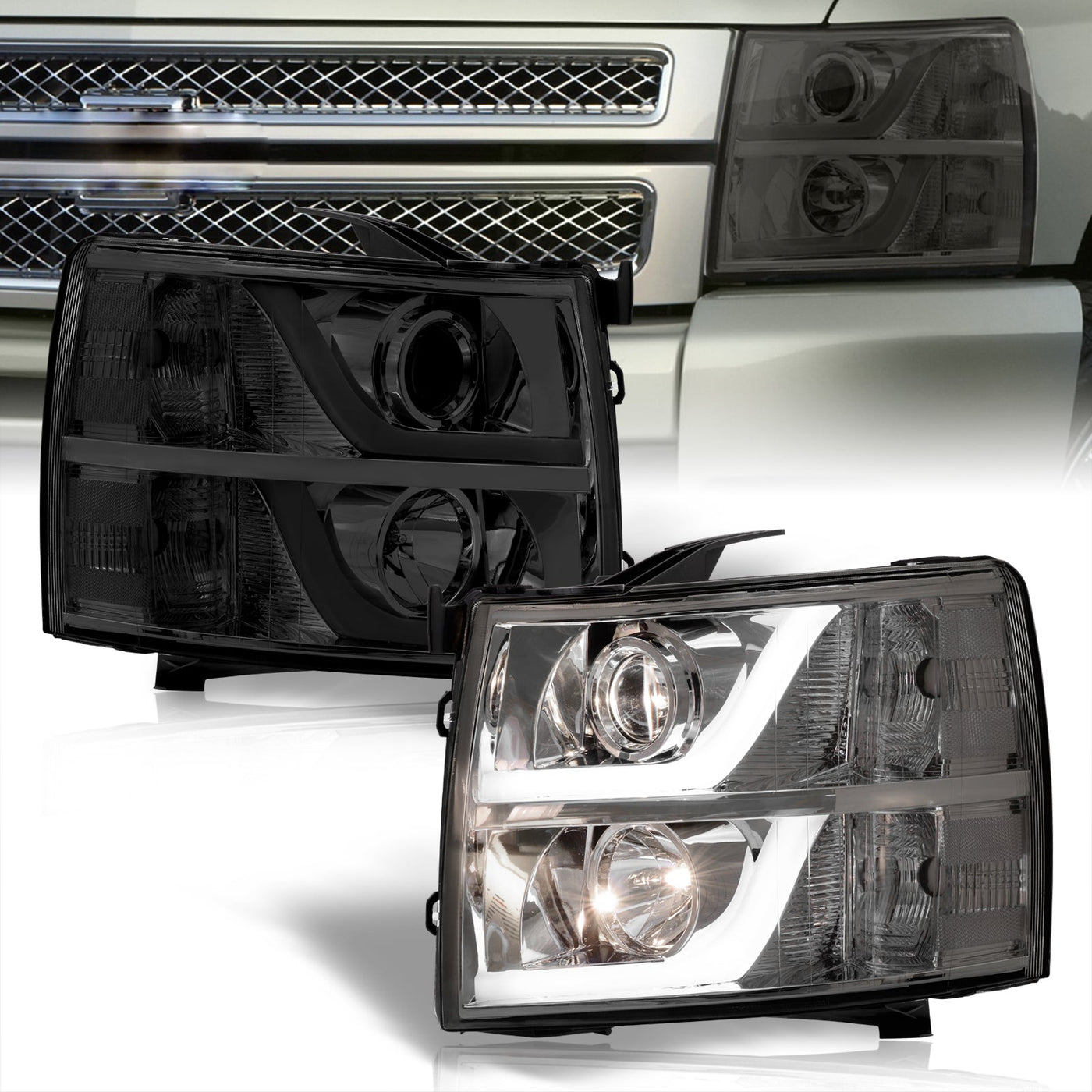 Chevrolet Silverado 1500 2007-2013 / 2500HD 3500HD 2007-2014 LED DRL Bar Projector Headlights Chrome Housing Smoke Len Clear Reflector