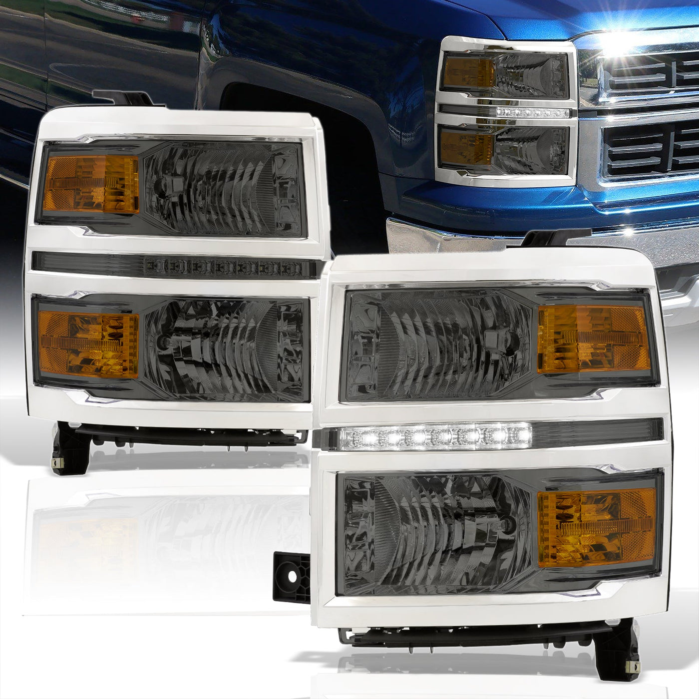 Chevrolet Silverado 1500 2014-2015 LED DRL Headlights Chrome Housing Smoke Len Amber Reflector (Will Not Fit 2500 & HD Models)