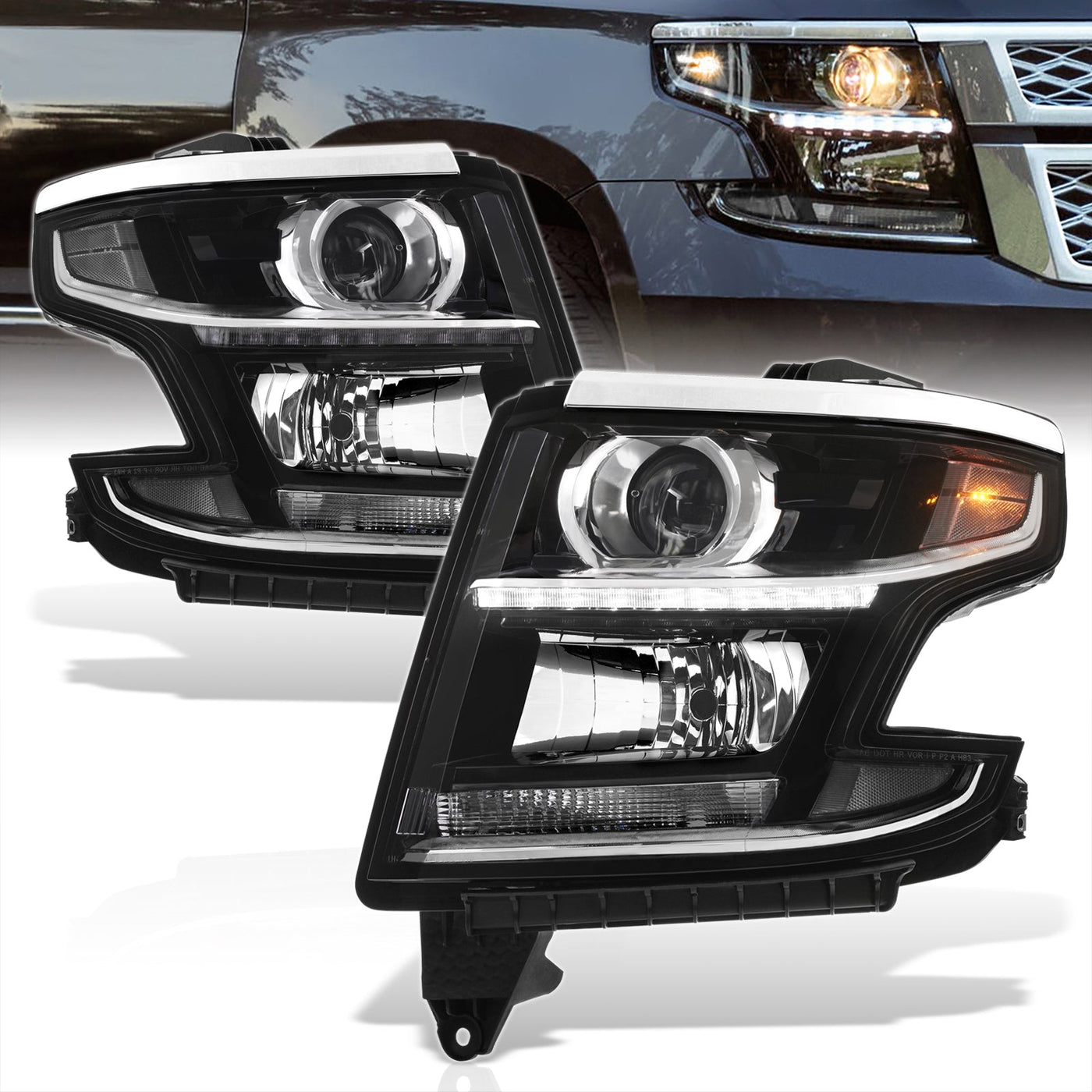 Chevrolet Suburban 2015-2020 / Suburban 3500HD 2016-2019 / Tahoe 2015-2020 Factory Style Projector Headlights Black Housing Clear Len Clear Reflector (Halogen Models Only)