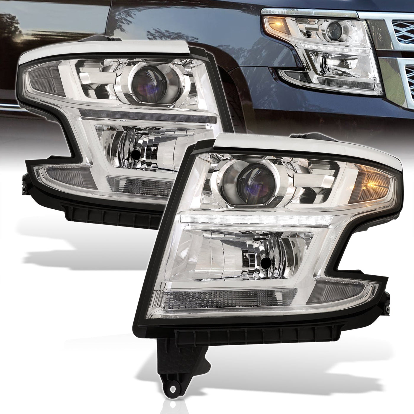 Chevrolet Suburban 2015-2020 / Suburban 3500HD 2016-2019 / Tahoe 2015-2020 Factory Style Projector Headlights Chrome Housing Clear Len Clear Reflector (Halogen Models Only)