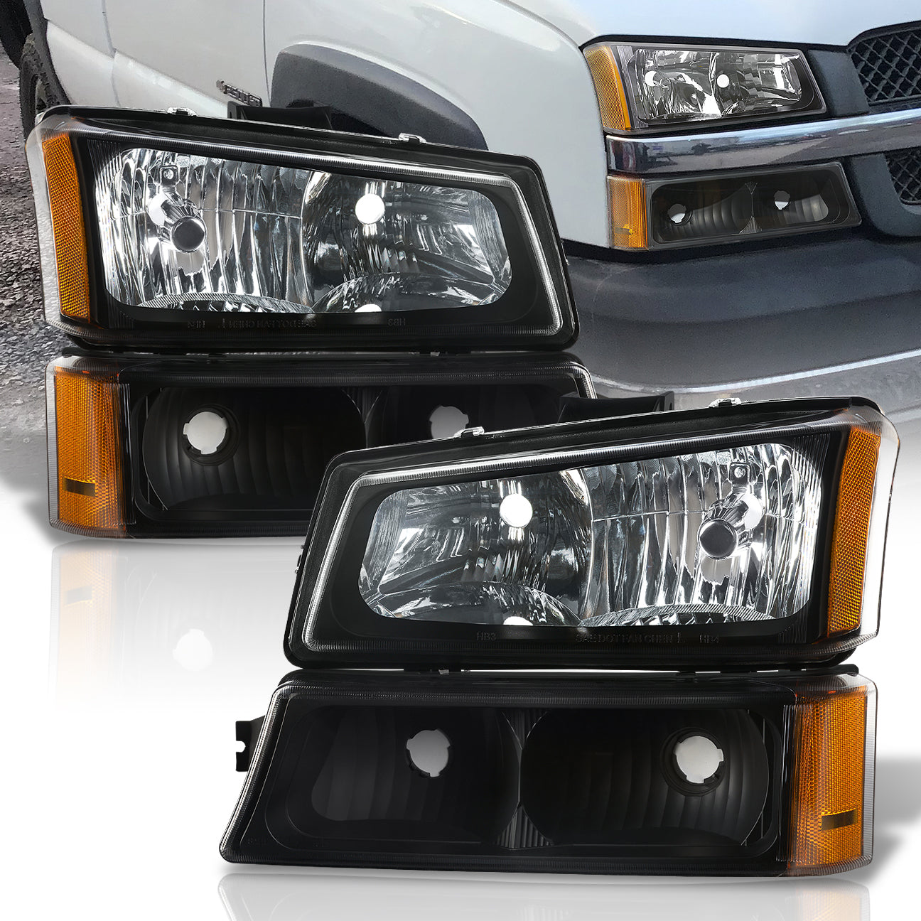 Chevrolet Silverado 2003-2006 Factory Style Headlights + Bumpers Black Housing Clear Len Amber Reflector (All Black Bumpers)