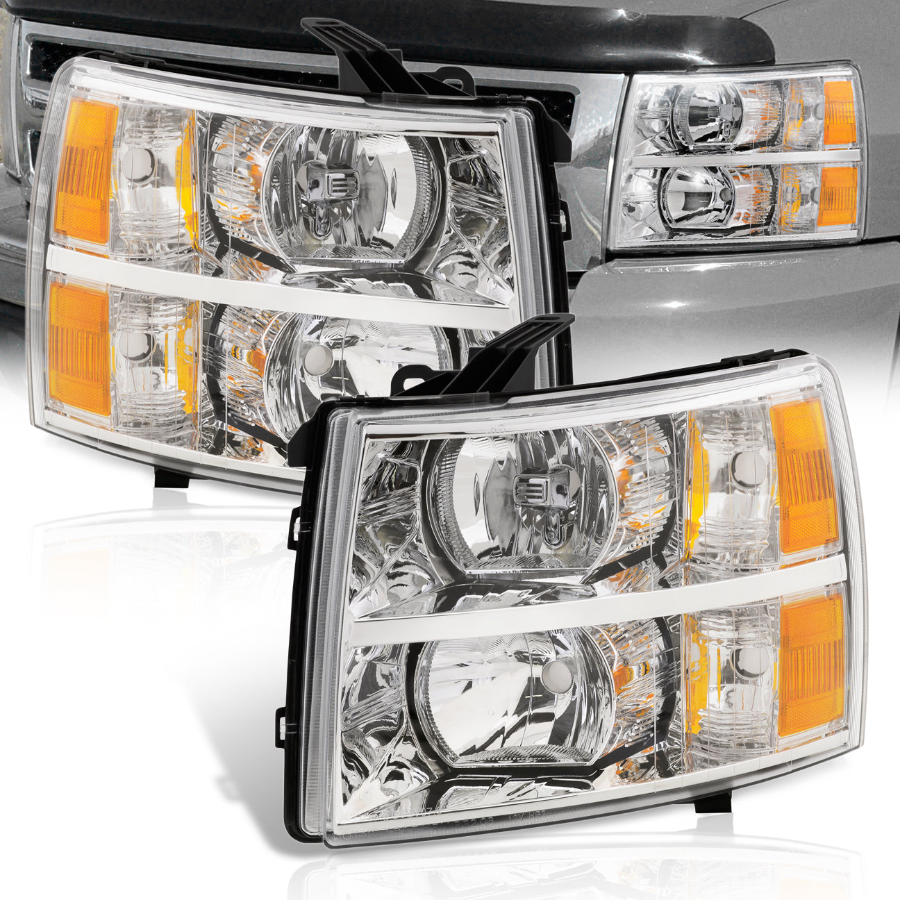 Chevrolet Silverado 2007-2013 Factory Style Headlights Chrome Housing Clear Len Amber Reflector