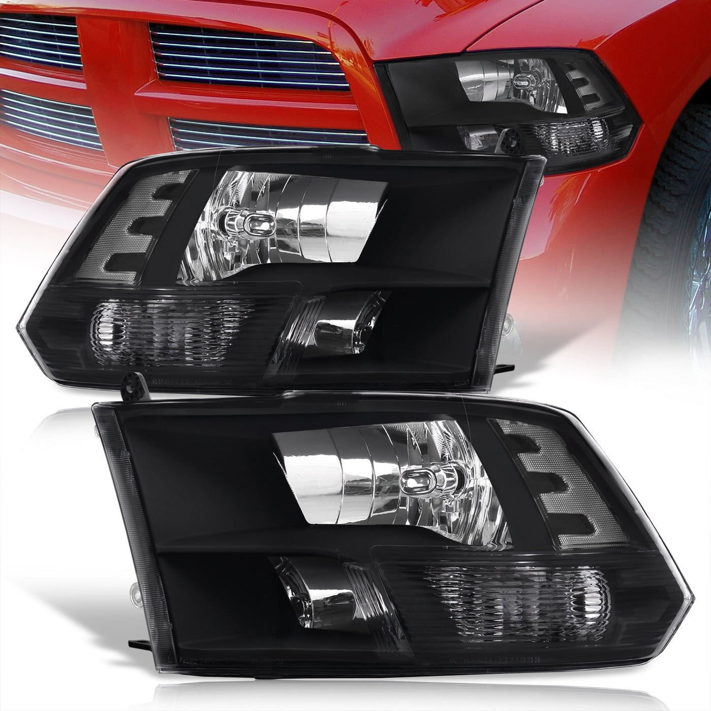 Dodge Ram 1500 2009-2018 / Ram 2500 3500 2010-2018 / Ram 4500 5500 2011-2018 / Ram 1500 Classic 2019-2023 Factory Style Quad Headlights Black Housing Clear Len Clear Reflector (Halogen Models Only)