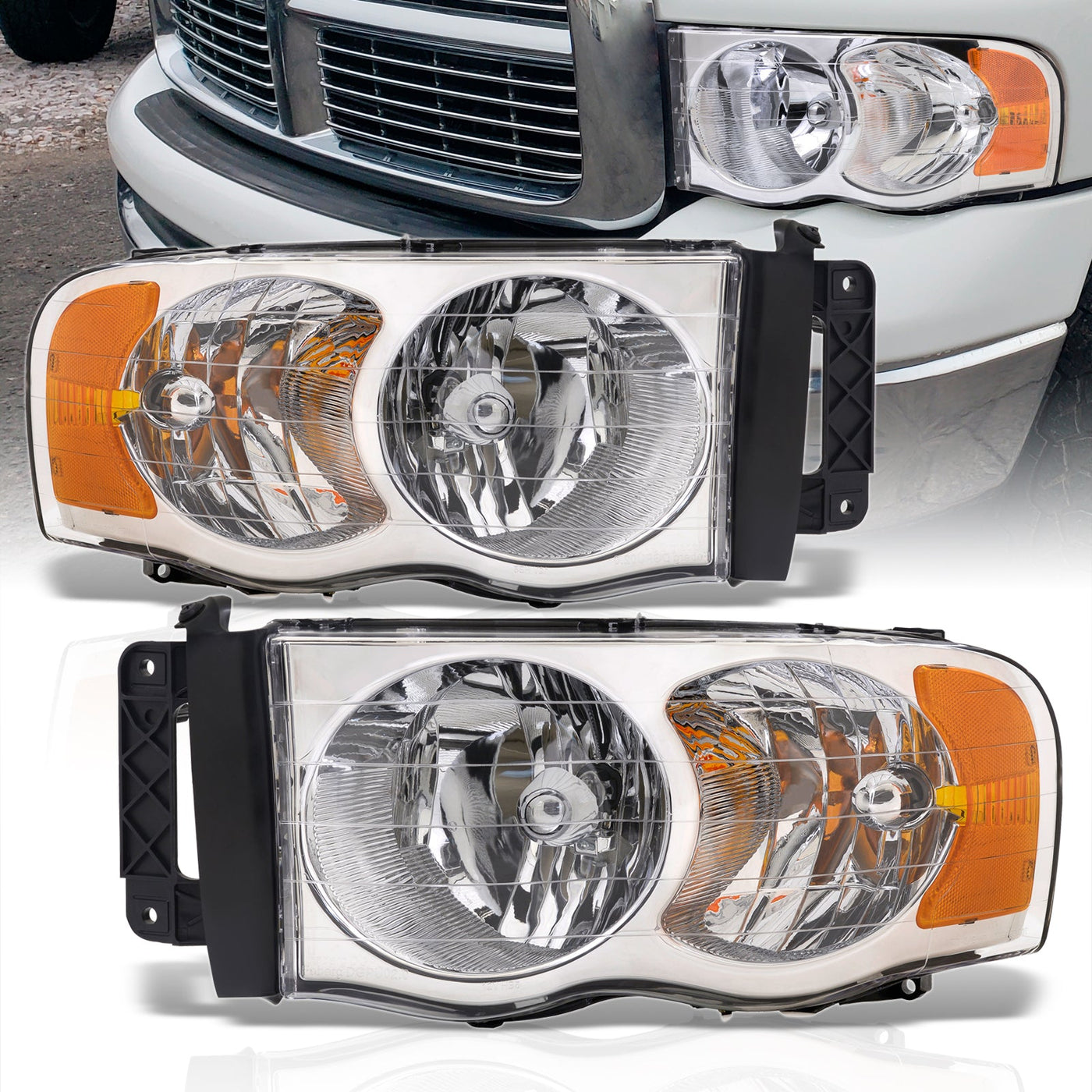 Dodge Ram 1500 Truck 2002-2005 / 2500 3500 Truck 2003-2005 Factory Style Headlights Chrome Housing Clear Len Amber Reflector