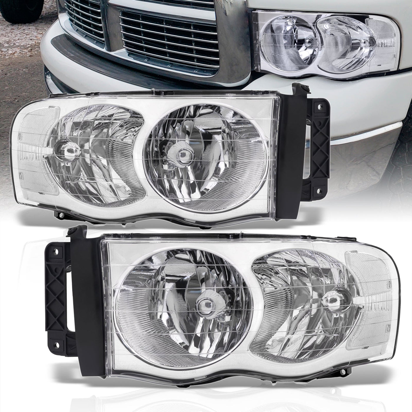 Dodge Ram 1500 Truck 2002-2005 / 2500 3500 Truck 2003-2005 Factory Style Headlights Chrome Housing Clear Len Clear Reflector