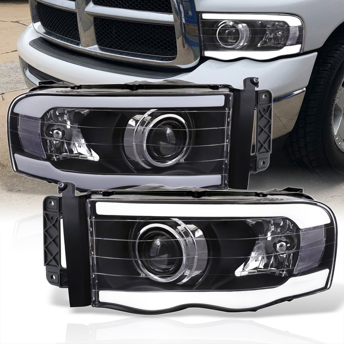 Dodge Ram 1500 2002-2005 / Ram 2500 3500 2003-2005 LED DRL Bar Projector Headlights Black Housing Clear Len Clear Reflector