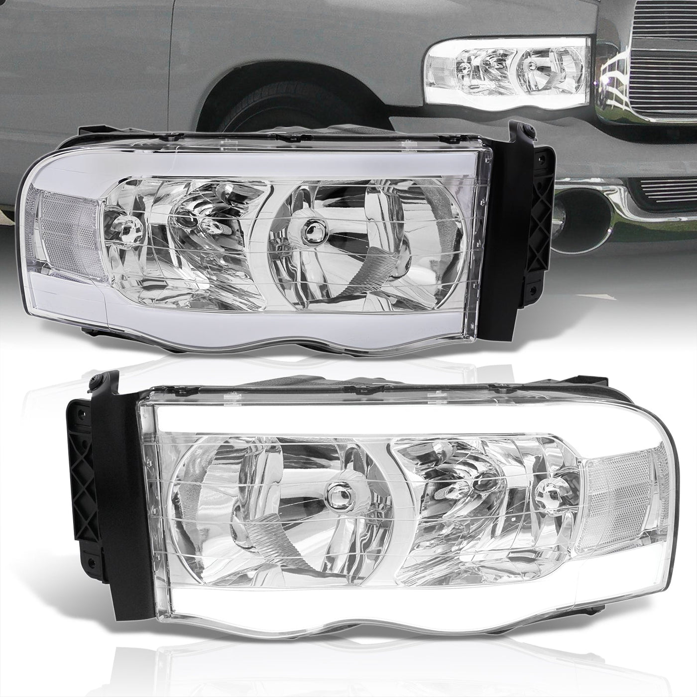 Dodge Ram 1500 2002-2005 / Ram 2500 3500 2003-2005 LED DRL Bar Factory Style Headlights Chrome Housing Clear Len Clear Reflector