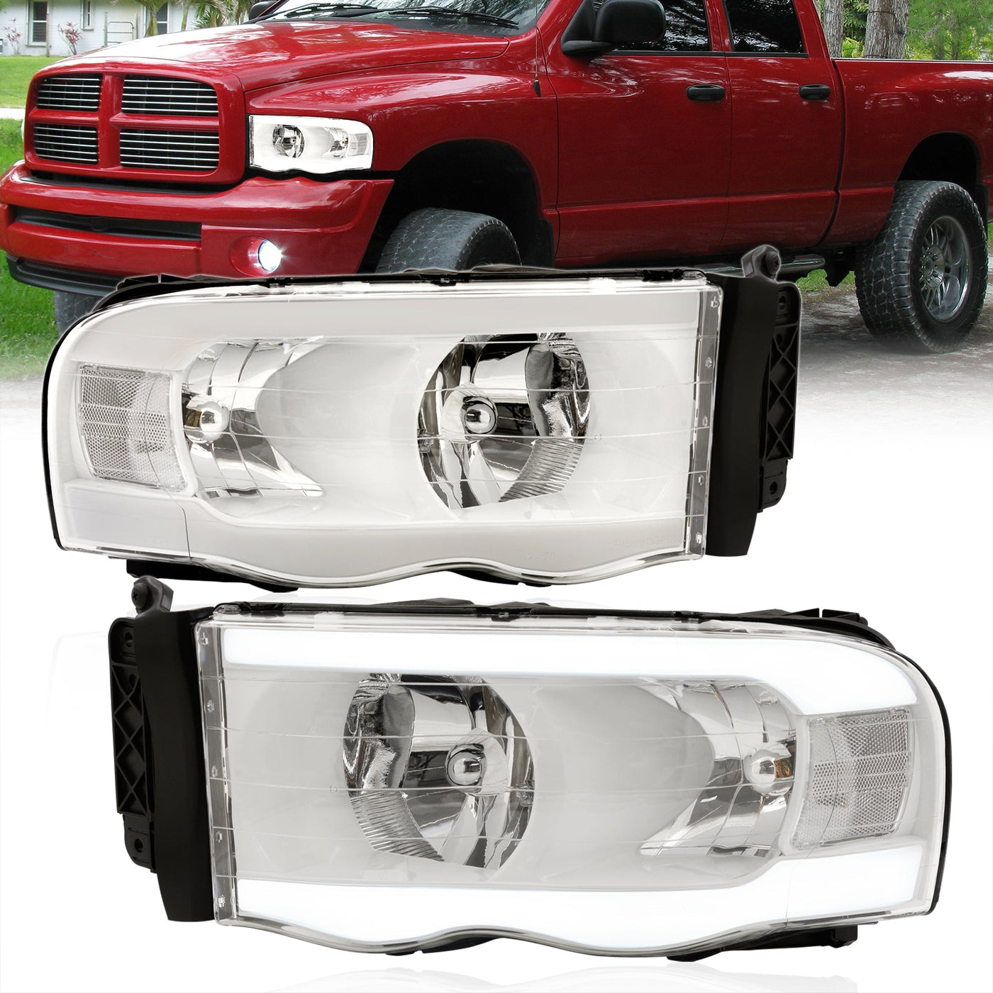 Dodge Ram 1500 2002-2005 / Ram 2500 3500 2003-2005 LED DRL Bar Factory Style Headlights White Housing Clear Len Clear Reflector