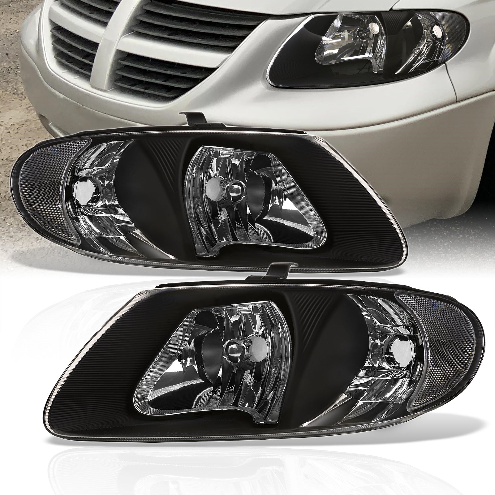 Chrysler Town & Country 2001-2007 / Grand Voyager 2001-2002 / Voyager 2001-2003 / Dodge Grand Caravan 2001-2007 Factory Style Headlights Black Housing Clear Len Clear Reflector (Halogen Models Only)