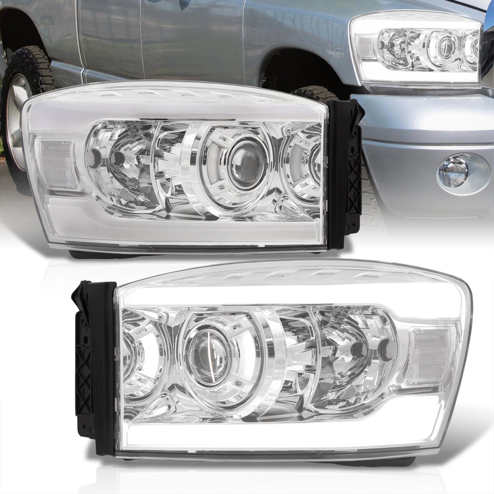 Dodge Ram 1500 2006-2008 / Ram 2500 3500 2006-2009 LED DRL Bar Projector Headlights Chrome Housing Clear Len Clear Reflector - Parts Agent