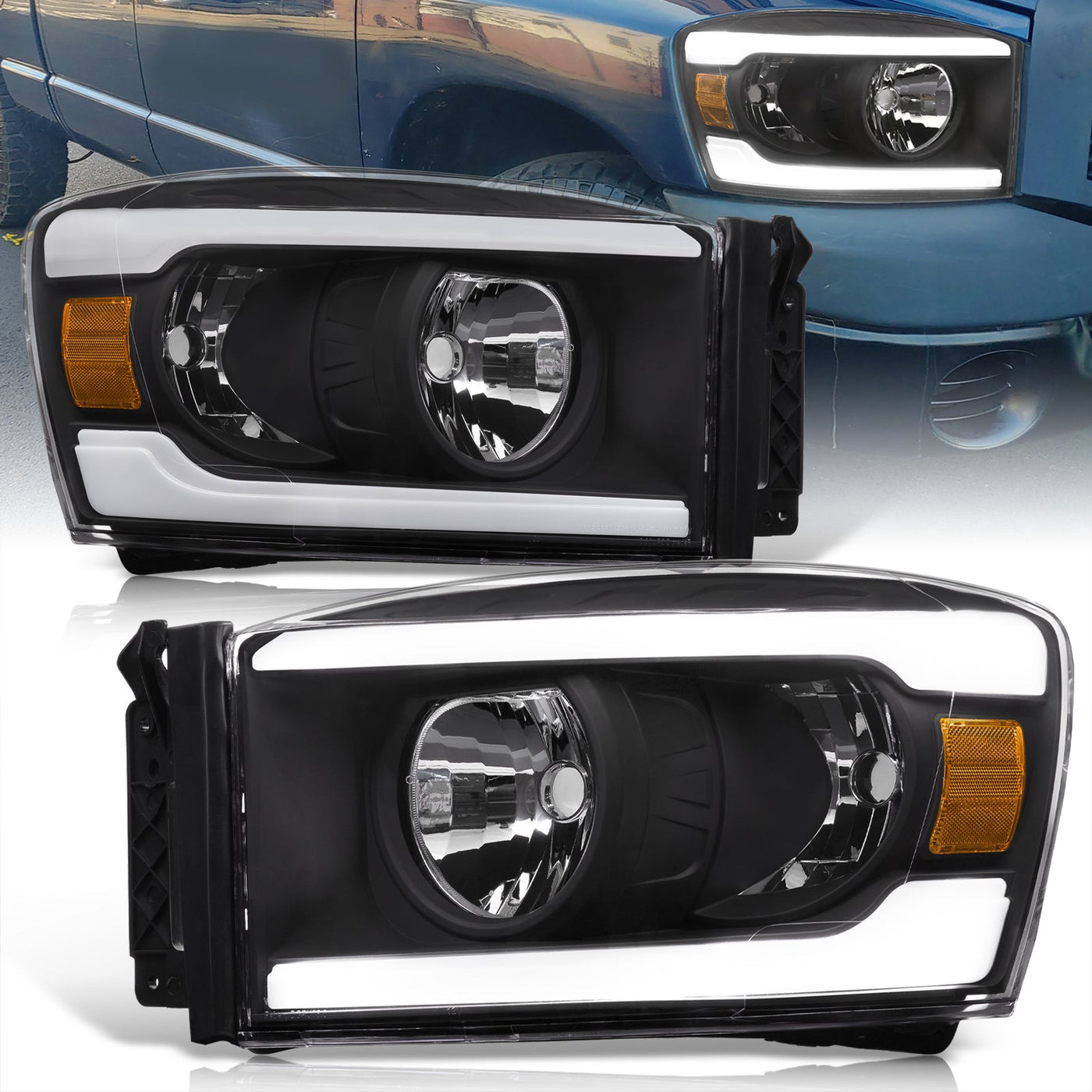 Dodge Ram 1500 2006-2008 / Ram 2500 3500 2006-2009 LED DRL Bar Factory Style Headlights Black Housing Clear Len Amber Reflector