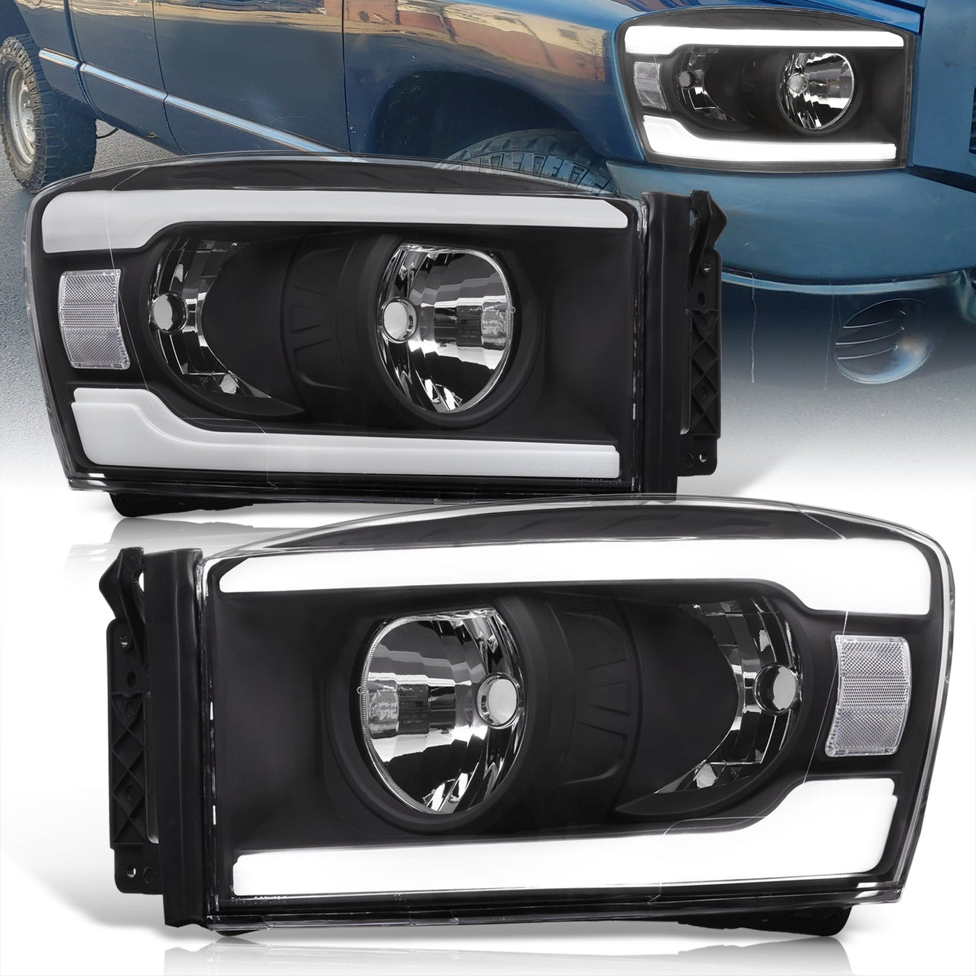 Dodge Ram 1500 2006-2008 / Ram 2500 3500 2006-2009 LED DRL Bar Factory Style Headlights Black Housing Clear Len Clear Reflector