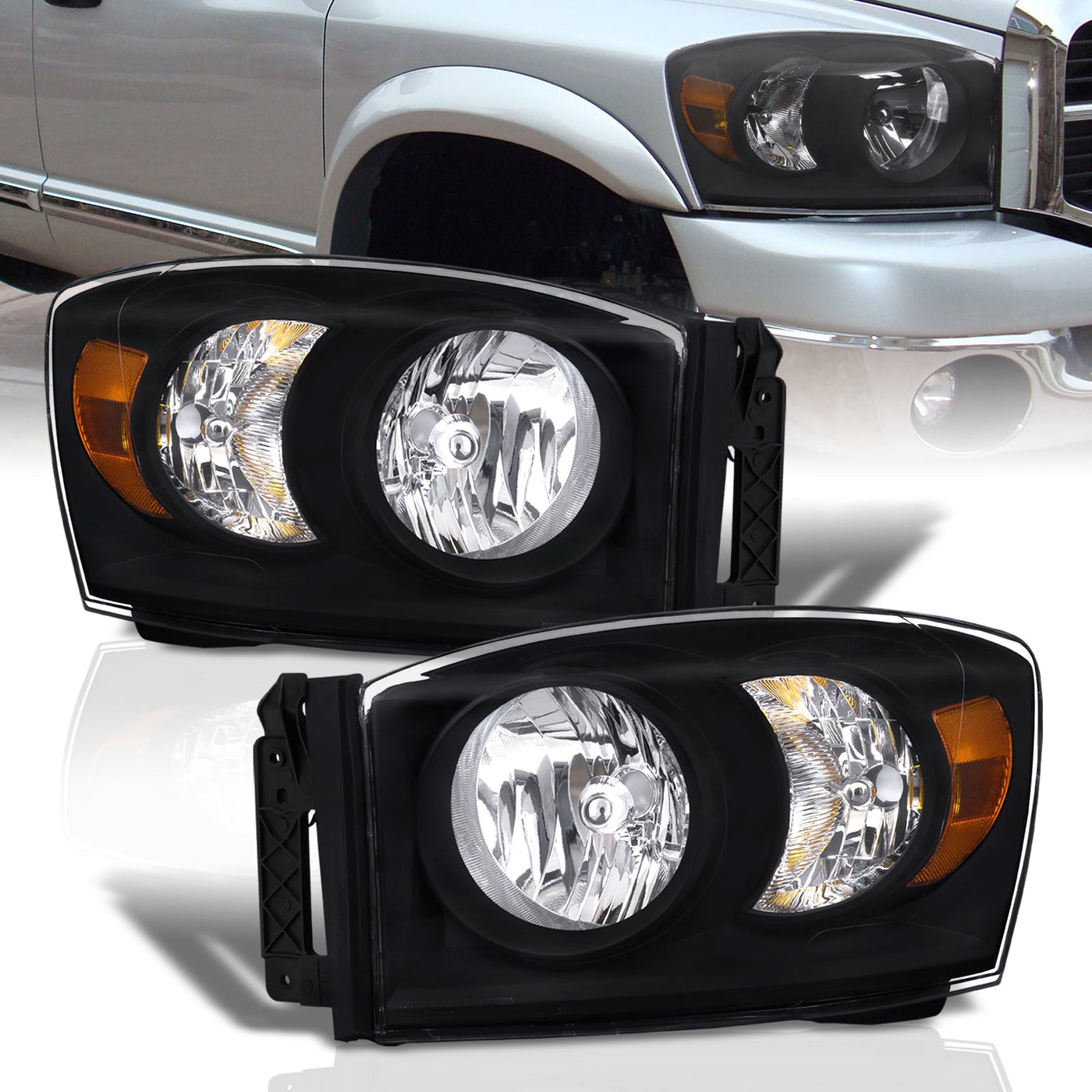 Dodge Ram 1500 2006-2008 / Ram 2500 3500 2006-2009 Factory Style Headlights Black Housing Clear Len Amber Reflector