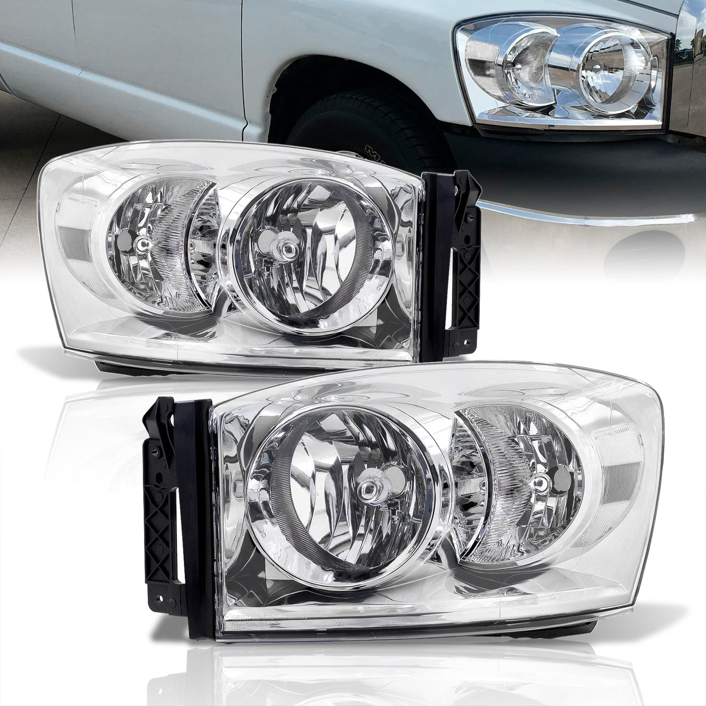 Dodge Ram 1500 2006-2008 / Ram 2500 3500 2006-2009 Factory Style Headlights Chrome Housing Clear Len Clear Reflector