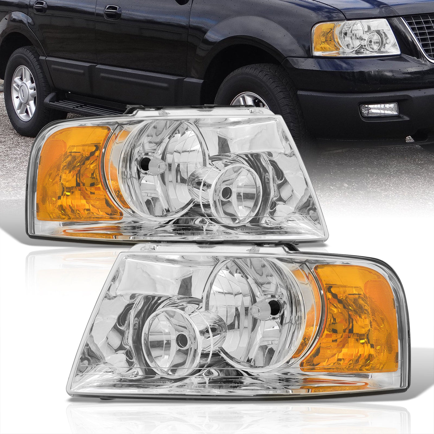 Ford Expedition 2003-2006 Factory Style Headlights Chrome Housing Clear Len Amber Reflector