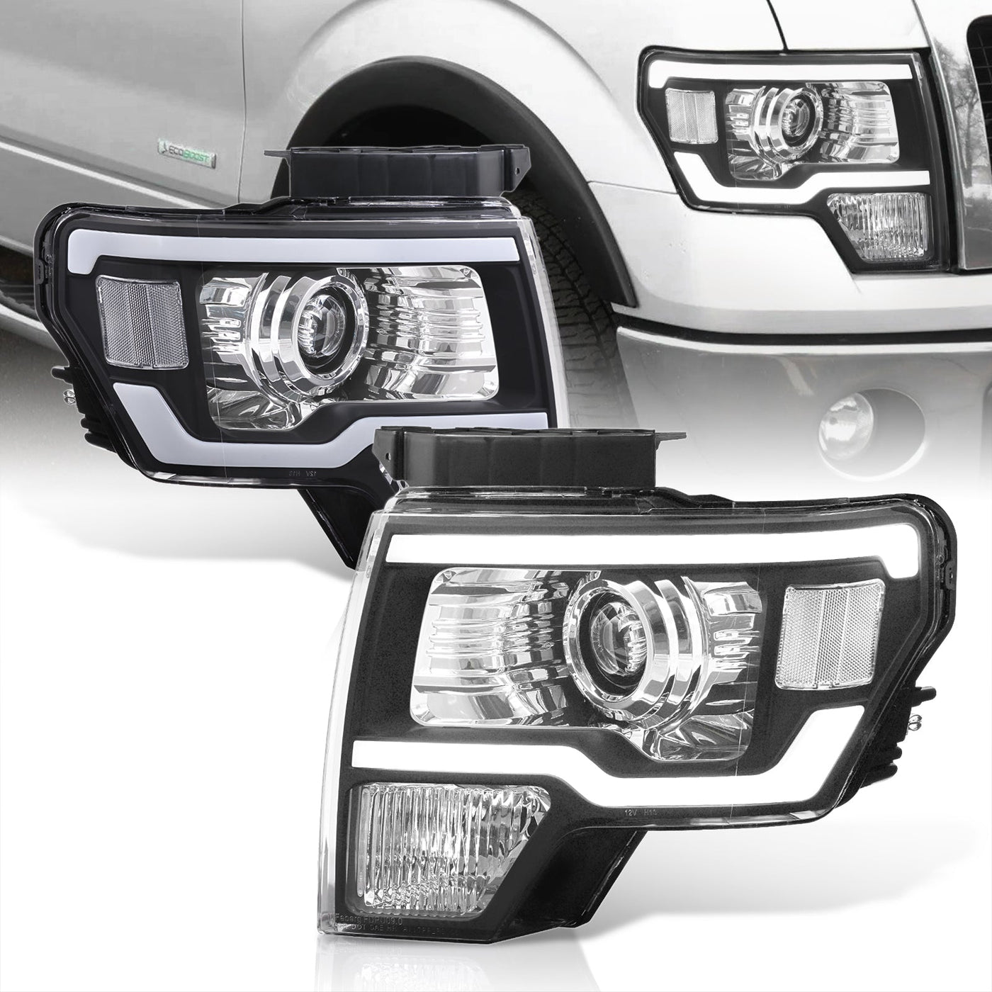 Ford F150 2009-2014 LED DRL Bar Projector Headlights Black Housing Clear Len Clear Reflector (Halogen Models Only)