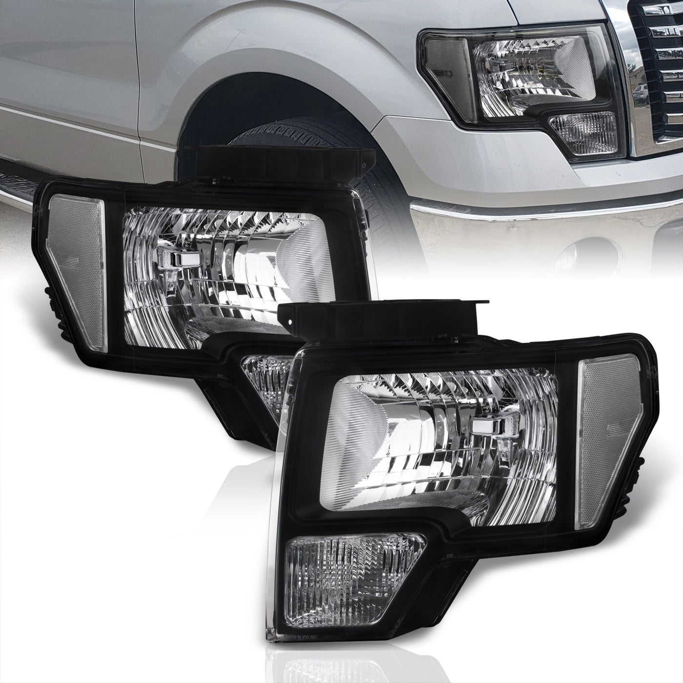 Ford F150 2009-2014 Factory Style Headlights Black Housing Clear Len Clear Reflector (Halogen Models Only)