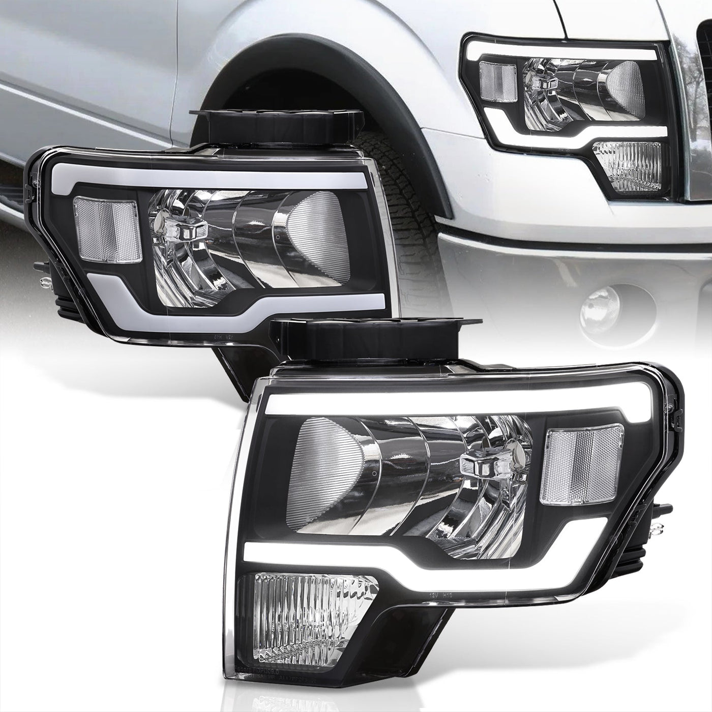 Ford F150 2009-2014 LED DRL Bar Factory Style Headlights Black Housing Clear Len Clear Reflector (Halogen Models Only)