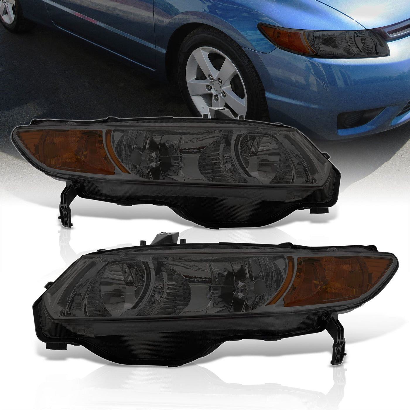 Honda Civic Coupe 2006-2011 Factory Style Headlights Chrome Housing Smoke Len Amber Reflector