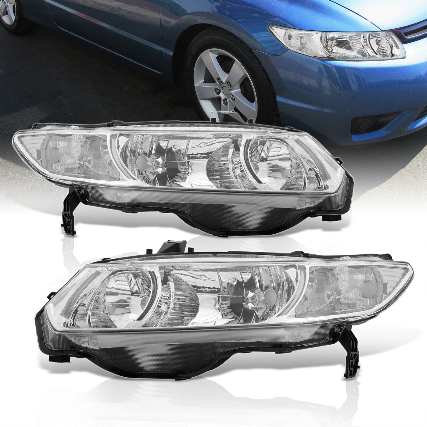 Honda Civic Coupe 2006-2011 Factory Style Headlights Chrome Housing Clear Len Clear Reflector