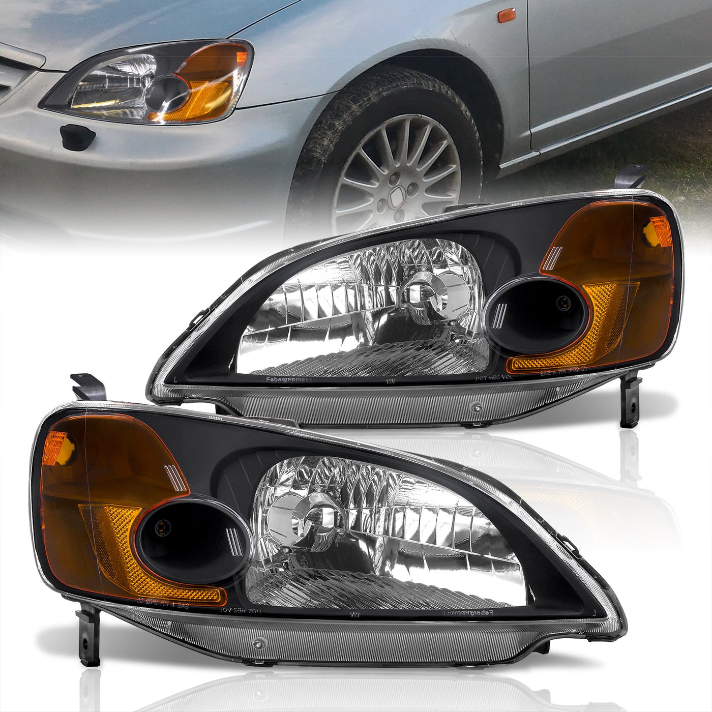 Honda Civic 2/4Door 2001-2003 Factory Style Headlights Black Housing Clear Len Amber Reflector