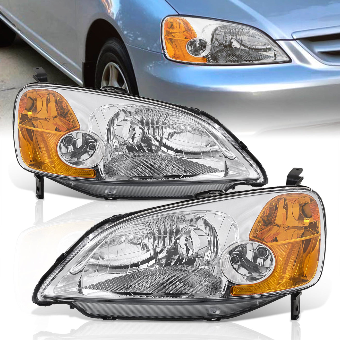 Honda Civic 2/4Door 2001-2003 Factory Style Headlights Chrome Housing Clear Len Amber Reflector