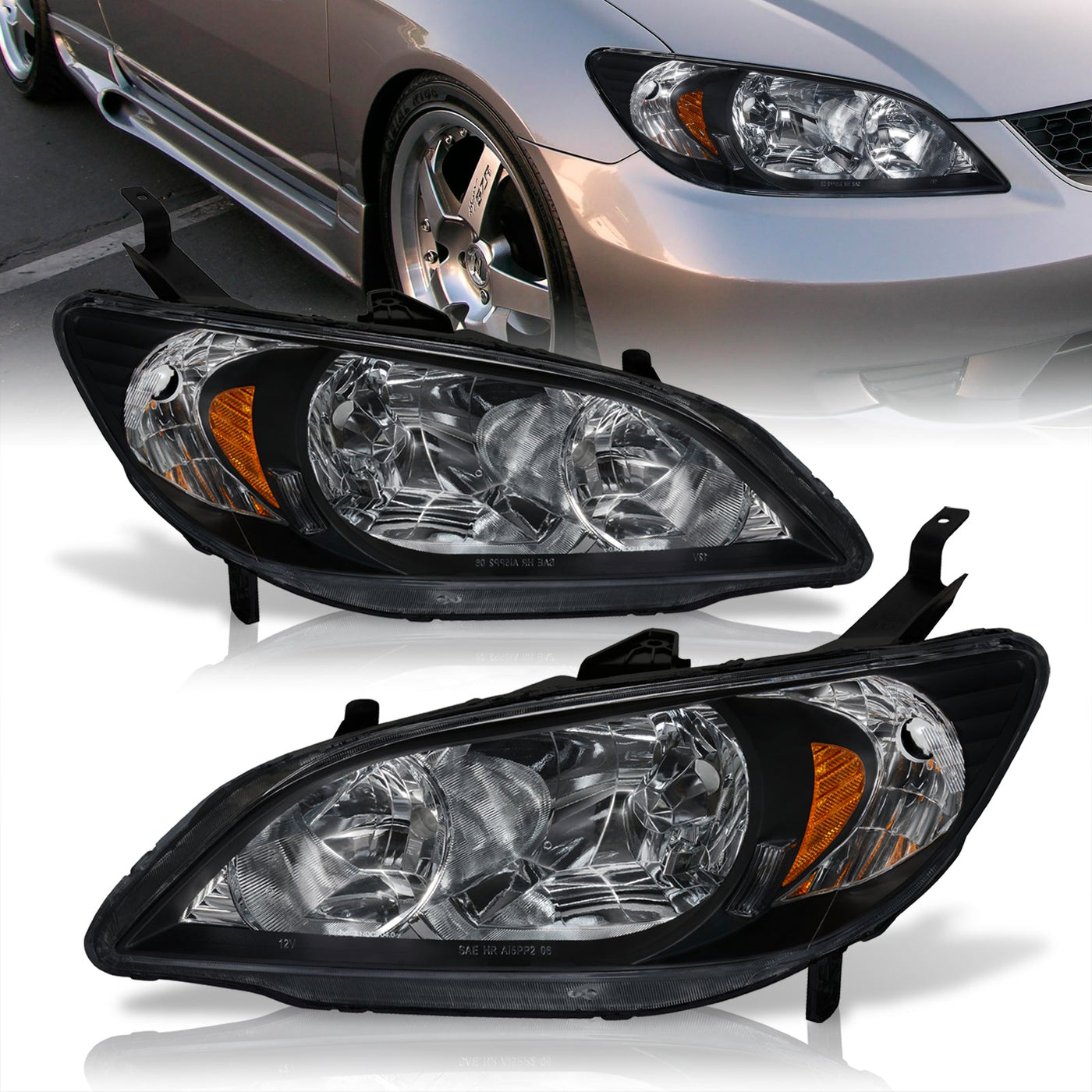 Honda Civic 2004-2005 Factory Style Headlights Black Housing Clear Len Amber Reflector