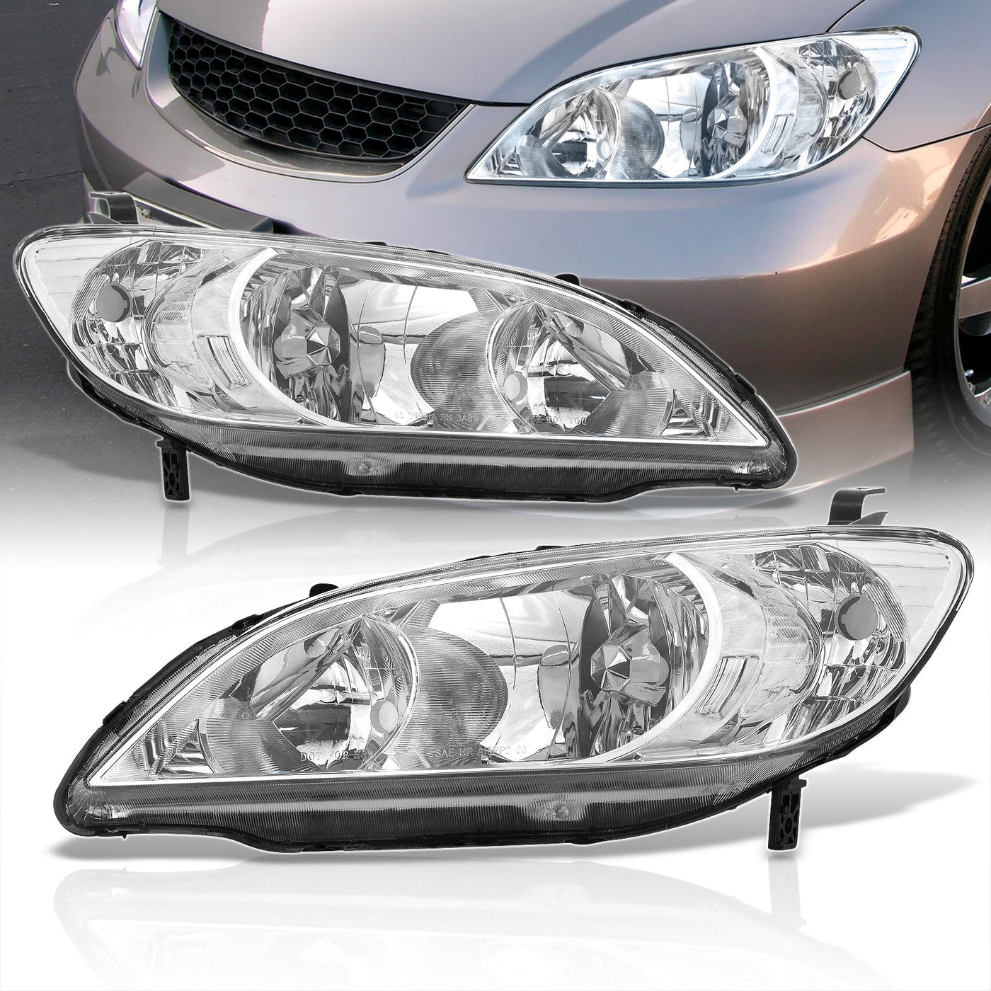 Honda Civic 2004-2005 Factory Style Headlights Chrome Housing Clear Len Clear Reflector