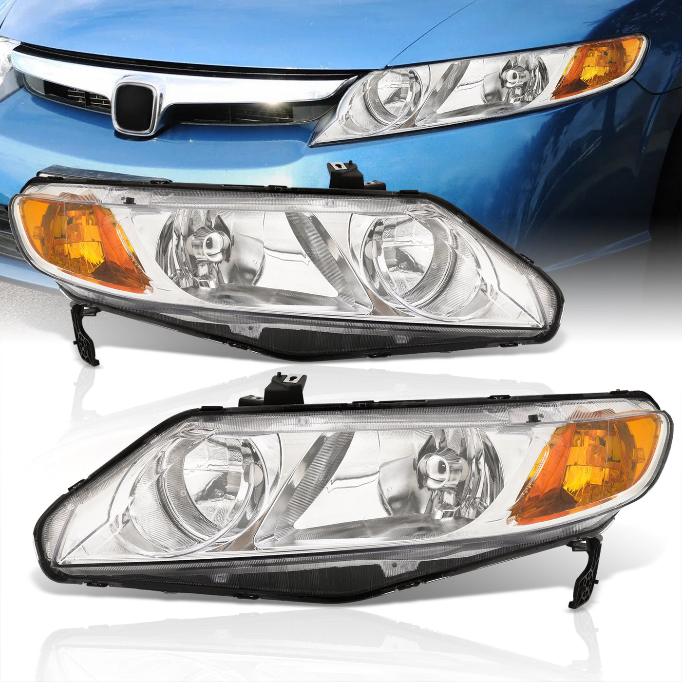 Honda Civic Sedan 2006-2011 Factory Style Headlights Chrome Housing Clear Len Amber Reflector