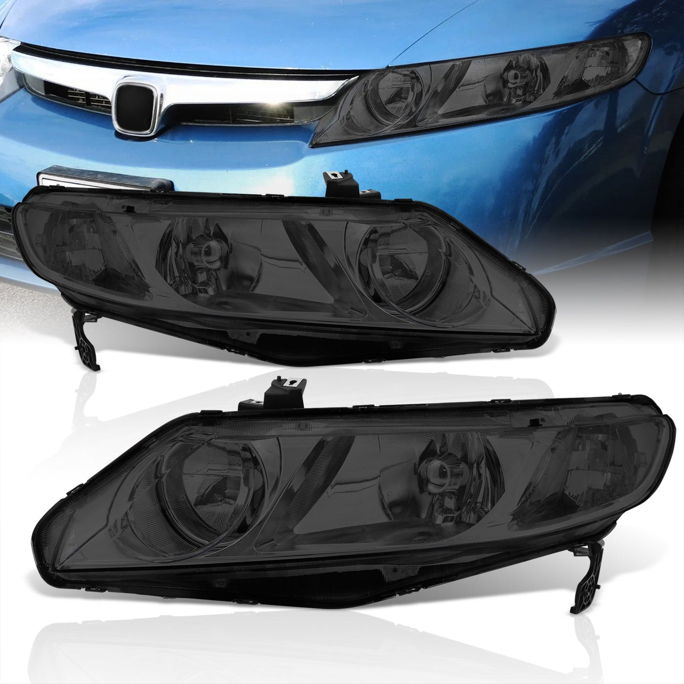 Honda Civic Sedan 2006-2011 Factory Style Headlights Chrome Housing Smoke Len Clear Reflector