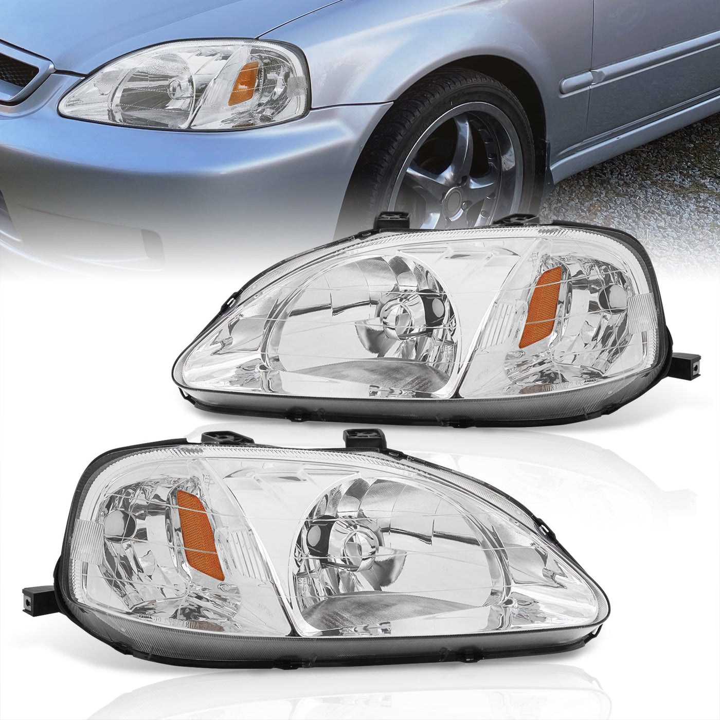 Honda Civic 1999-2000 Factory Style Headlights Chrome Housing Clear Len Amber Reflector