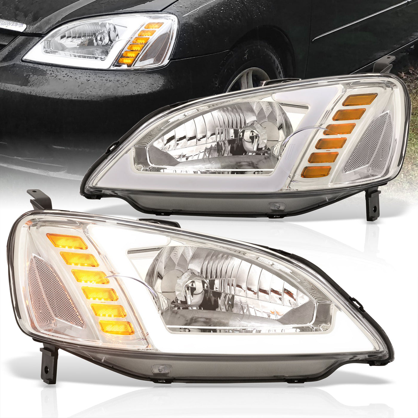 Honda Civic 2001-2003 Sequential LED DRL Bar Factory Style Headlights Chrome Housing Clear Len Clear Reflector